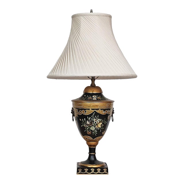 Wildwood Hand Painted Toleware Urn Table Lamp, Rocky Mount Nc, Floral Black & Gold For Sale