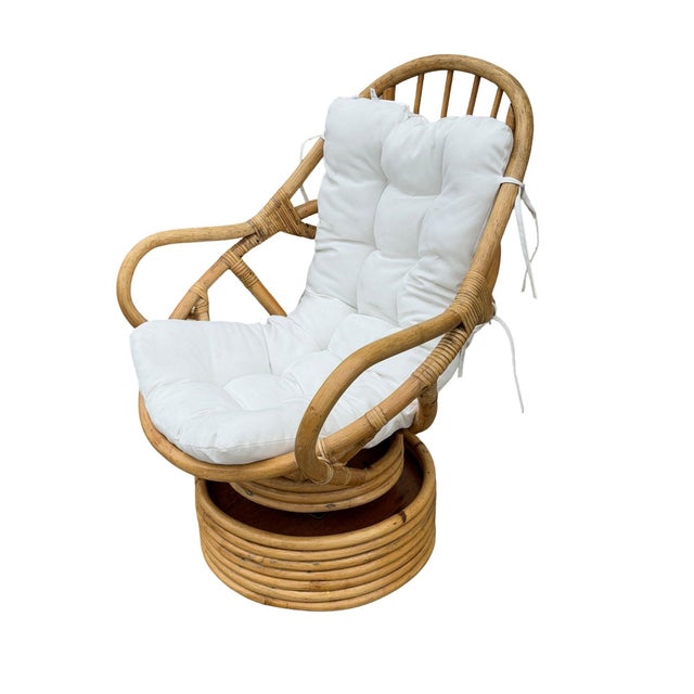 Mid-Century Modern 1970s Restored Swivel Bucket Lounge Chair on Stacked Rattan Pedestal Base For Sale - Image 3 of 10