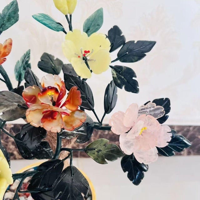 Jade Vintage Gemstone & Cloisonné Enamel Bonsai Tree – Jade, Agate & Crystal Flowers For Sale - Image 8 of 9
