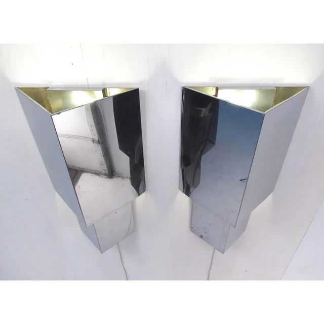 Metal Pair of Mid-Century Modern Angular Chrome Wall Sconces For Sale - Image 7 of 7
