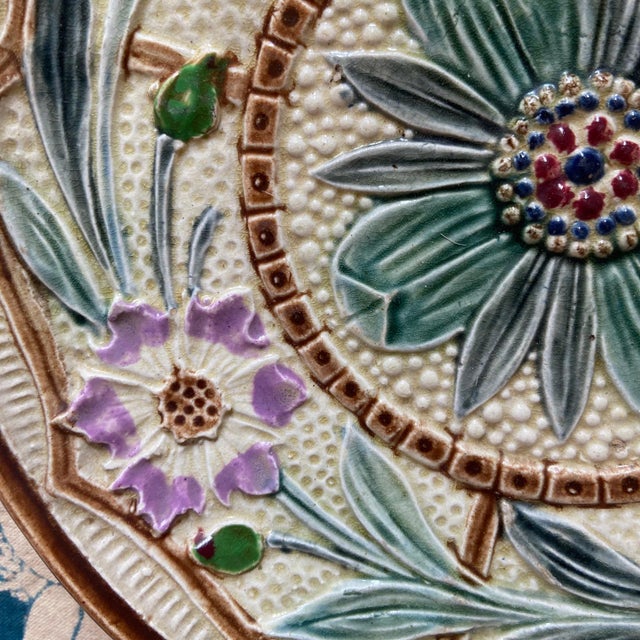 Majolica Flowers and Butterfly Plates from Wasmuel, 1890s, Set of 2 For Sale - Image 4 of 9