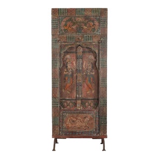 Antique Indian Painted Teakwood Window Panel, Now on Iron Legs For Sale