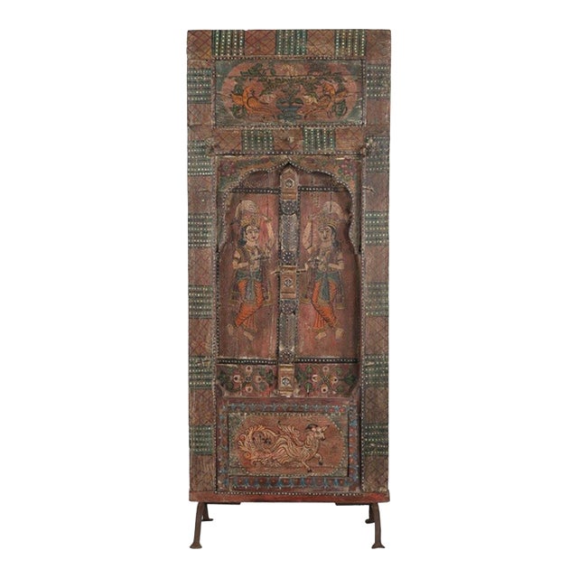 Antique Indian Painted Teakwood Window Panel, Now on Iron Legs For Sale