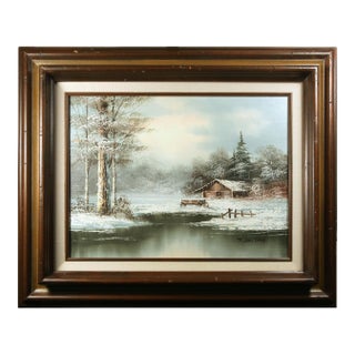 Late 20th Century Signed R. Shelton Winter Cabin Oil Painting, Carved Wood Frame For Sale
