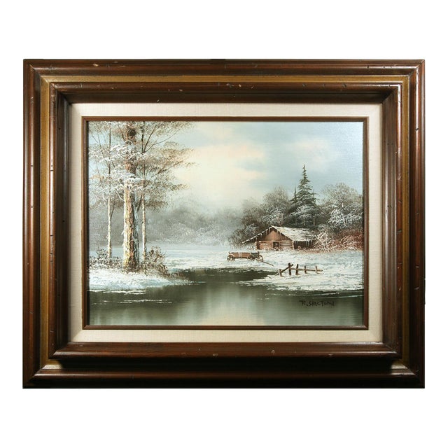 Late 20th Century Signed R. Shelton Winter Cabin Oil Painting, Carved Wood Frame For Sale