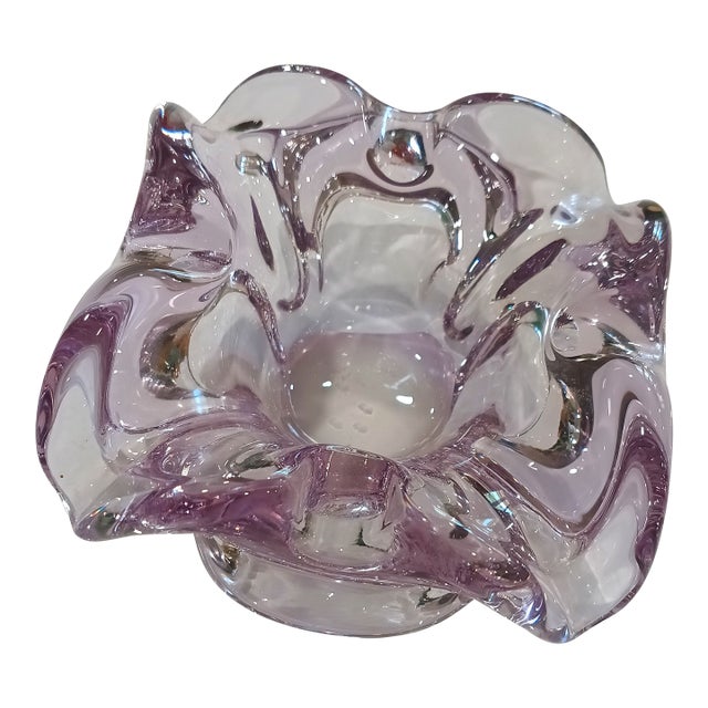 Vintage Murano Attributed Lilac Lavender Square Flower Ashtray - Mid-Century Italian Sommerso Glass For Sale