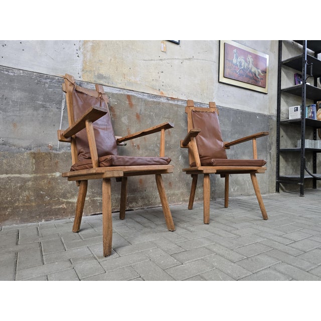 Vintage Rustic Oak Chairs with Leather Cushions, 1970s, Set of 2 For Sale - Image 4 of 18