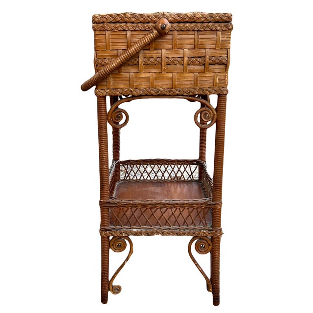Late Victorian era aesthetic movement woven wicker Haywood Wakefield sewing stand with basket. Dating approximately from...