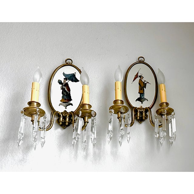 Pair Chinoiserie Eglomise Mirrored Sconces - E F Caldwell For Sale - Image 4 of 16