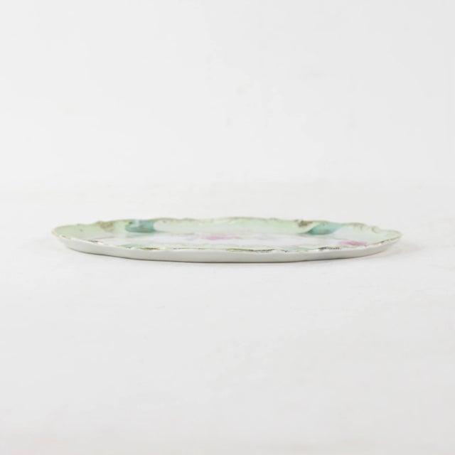Early 20th Century Antique Green and Gold Floral Porcelain Vanity Tray - Hand-Painted Oval Dish For Sale - Image 5 of 10