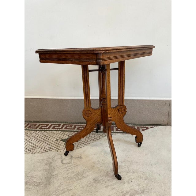Brown Antique Victorian Carved Quarter Sawn Oak Parlor Table on Casters, Eastlake Style For Sale - Image 8 of 18