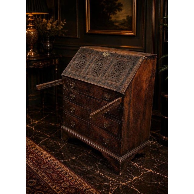 18th Century Carved Oak Fall-Front Bureau with Fitted Interior, 1760 For Sale - Image 4 of 10