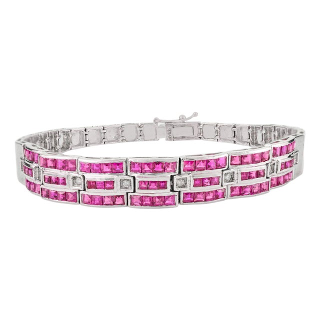 Art Deco Style 4.8Ct Wide Ruby & Diamond Tennis Bracelet in 18k White Gold For Sale
