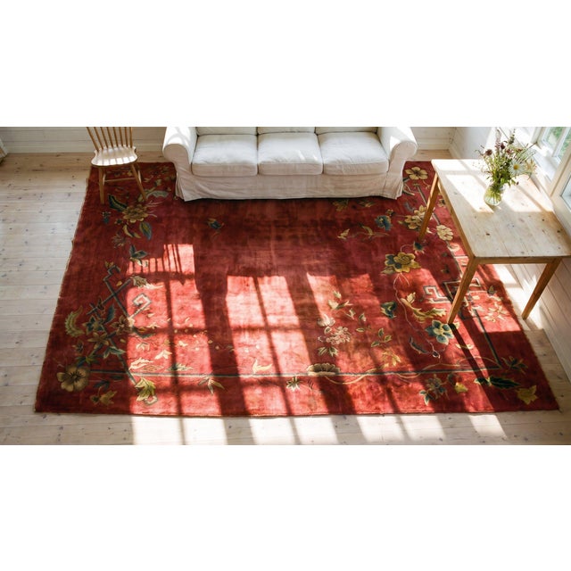 1920s Ruby Red Flora Bamboo Antique Chinese Art Deco Carpet 8'10" X 11'7" Knotted Wool Rug For Sale - Image 13 of 15