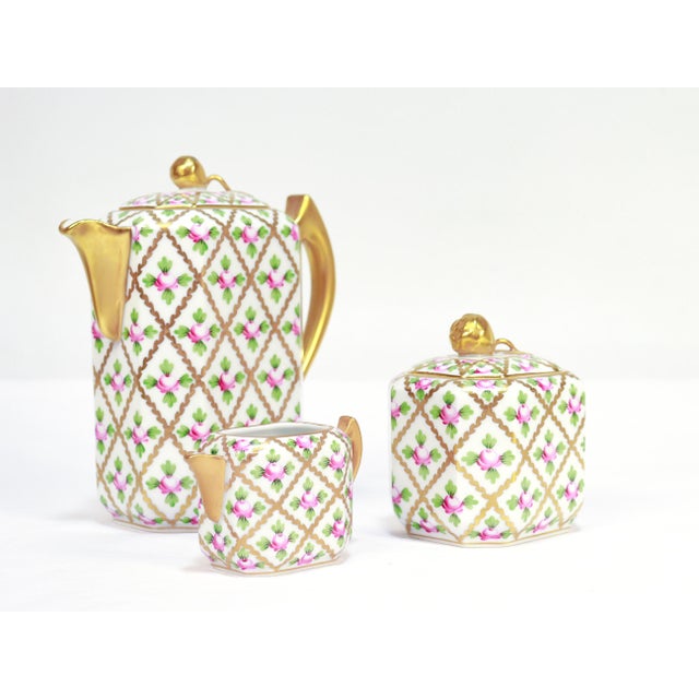 French Herend Porcelain Petite Sevres Rose (Sprog) Pattern Demitasse Coffee Set & Tray For Sale - Image 3 of 18