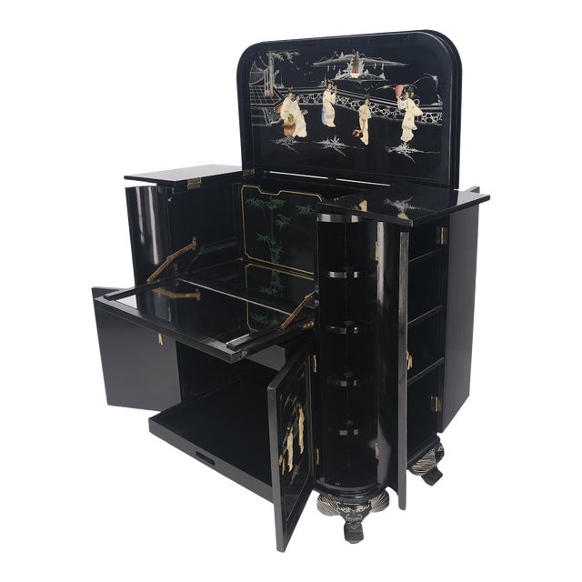 Chinese Oriental Black Lacquer Mother of Pearl Figurine Decorated Liquor Cabinet For Sale