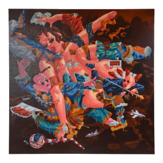 Lu Peng Large Colorful Provocative Acrylic Painting Titled Floating, 1996, Chinese For Sale