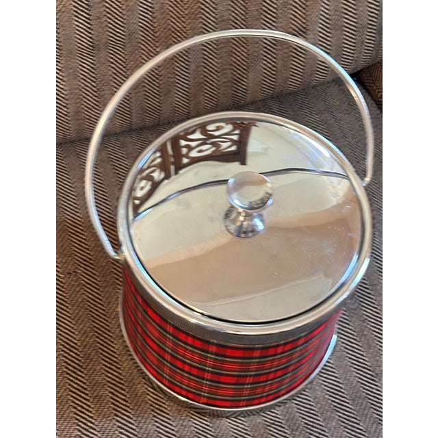 Metal Vintage Red Tartan / Plaid Chrome Lion Crest Ice Bucket For Sale - Image 7 of 8