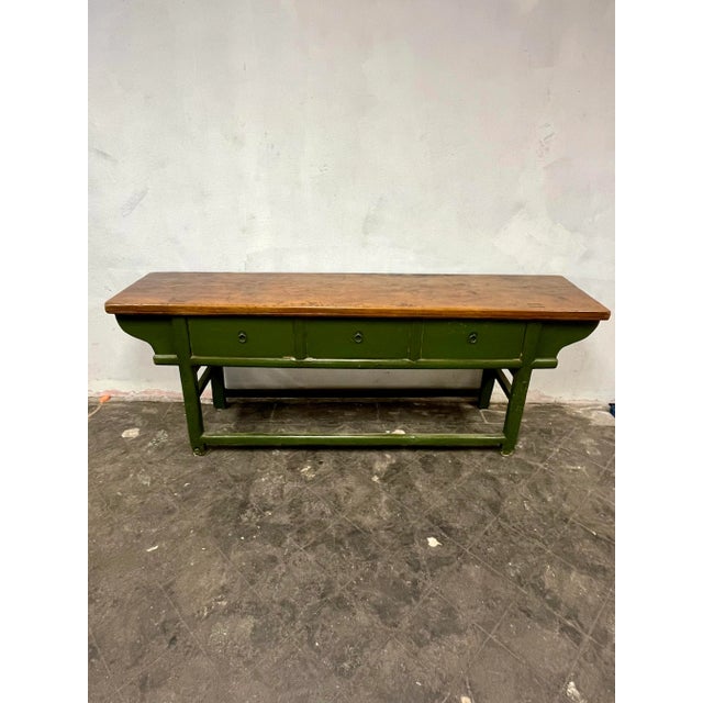 Stunning 3 drawer Dongbei Table. Contrasting green cabinetry topped with honey colored top surface. Fantastic patina. 3...