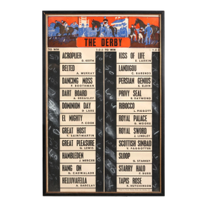Framed 1967 Epsom Derby Horse Racing Tote Board Poster Listing Horses, Jockeys and Odds by Portsea Printing Works Ltd., Hackney, London