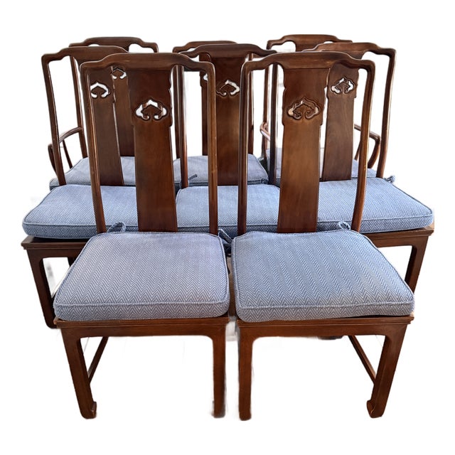 Set of 8 Vintage Rosewood Dining Chairs With Blue Seats For Sale