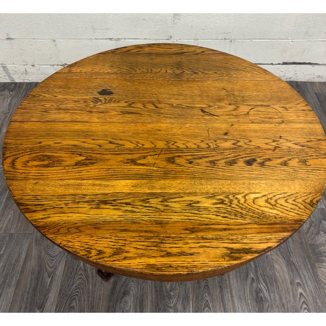 Arts & Crafts Antique Stickley Style Mission Arts and Crafts Tiger Oak Pedestal Dining Table For Sale - Image 3 of 10