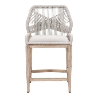 Loom Outdoor Counter Stool, Pumice & Grey Mahogany with Taupe & White Rope For Sale