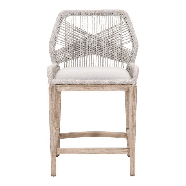 Loom Outdoor Counter Stool, Pumice & Grey Mahogany with Taupe & White Rope For Sale