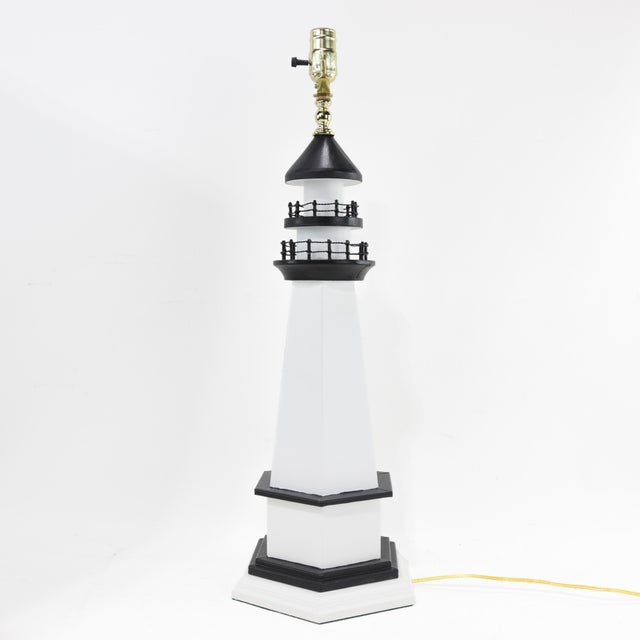 Pair of Vintage Black and White Nautical Lighthouse Table Lamp For Sale - Image 4 of 9