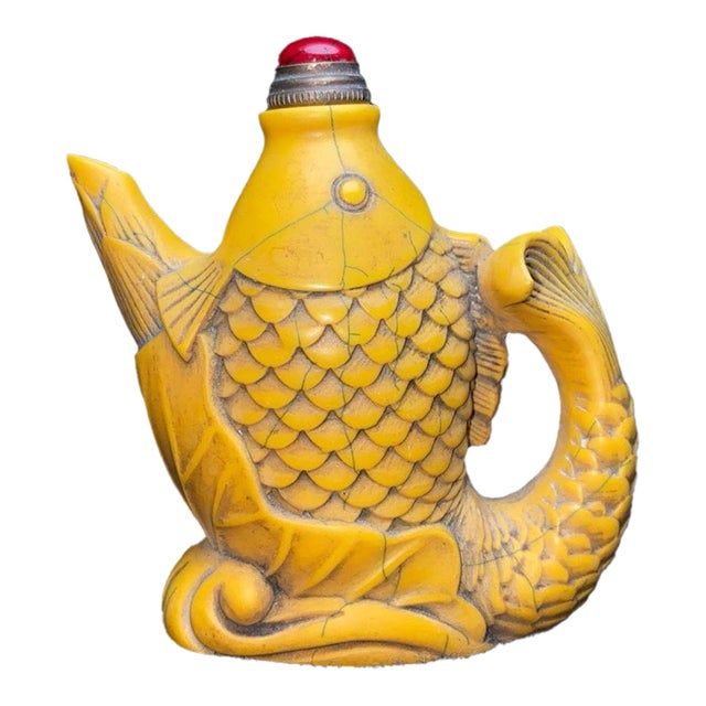 Vintage Chinese Carved Fish Shaped Snuff Bottle With Red Stopper, Chinoiserie Collectible For Sale