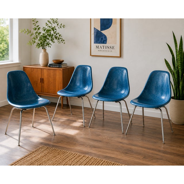 Mid-Century Modern Vintage Mid-Century Modern Blue Fiberglass Shell Chairs, Chrome Legs, Set of Four For Sale - Image 3 of 18