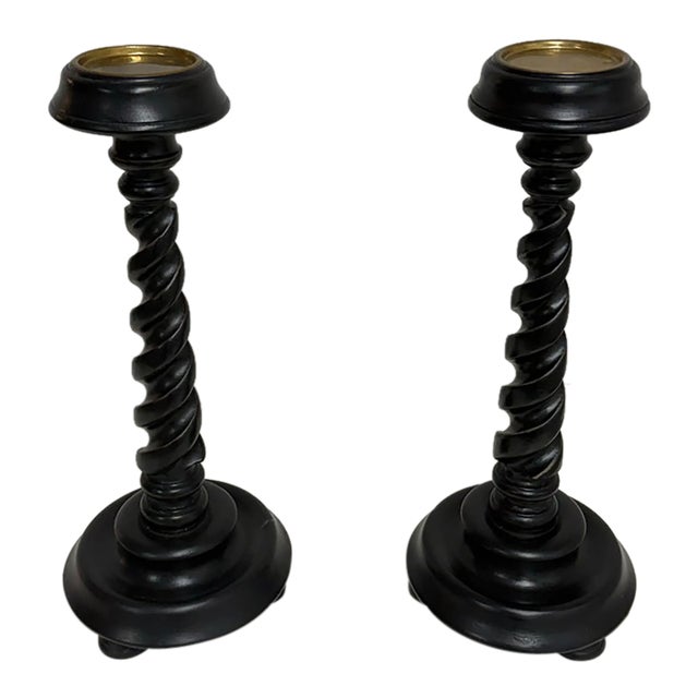 Global Views Barley Twist Wood Candleholders, Pair For Sale