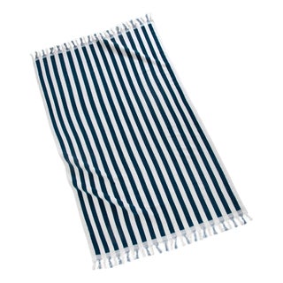 Cannes Striped Beach Towel with Fringe, Navy Blue/White For Sale