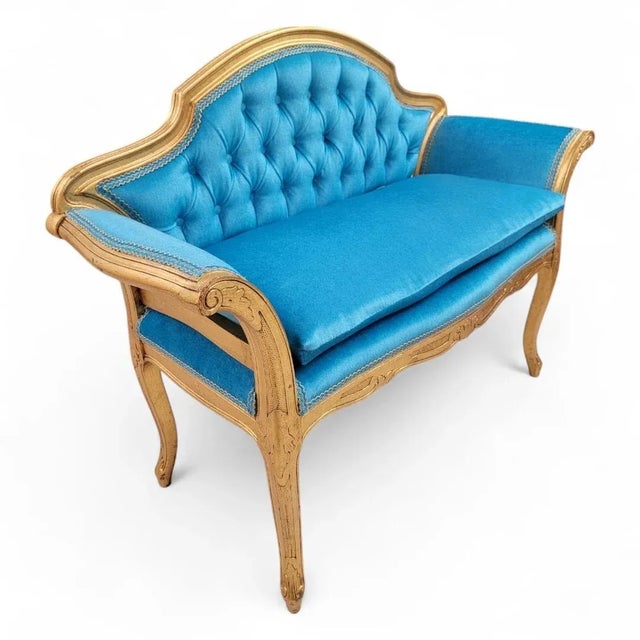 Antique French Regency Gold Gilded Tufted Back Bench Newly Reupholstered For Sale In Chicago - Image 6 of 7