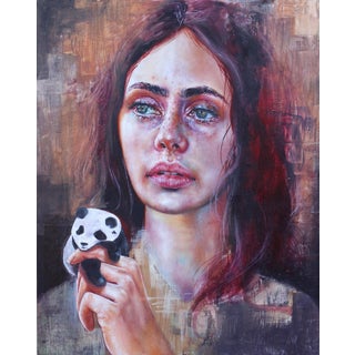 It's Just a Game by MJ Lindo | Oil on wood panel Portrait of a girl holding a panda toy. For Sale