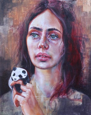 It's Just a Game by MJ Lindo | Oil on wood panel Portrait of a girl holding a panda toy.