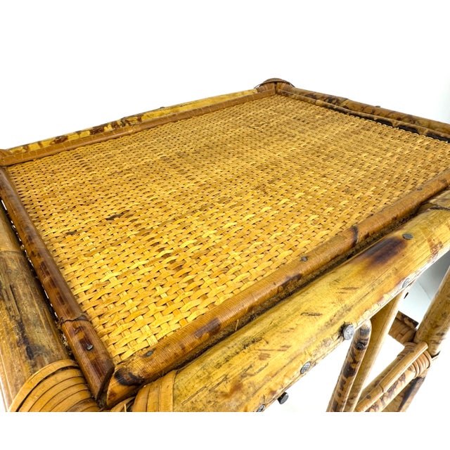1960s Vintage Mid Century Bamboo and Rattan Side Table With Woven Cane Top For Sale - Image 5 of 14