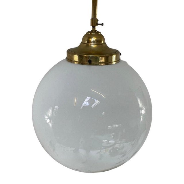 Glass Very Large Art Deco Height Adjustable Pendant Lamp with Opaline Glass and Brass Framework For Sale - Image 7 of 10