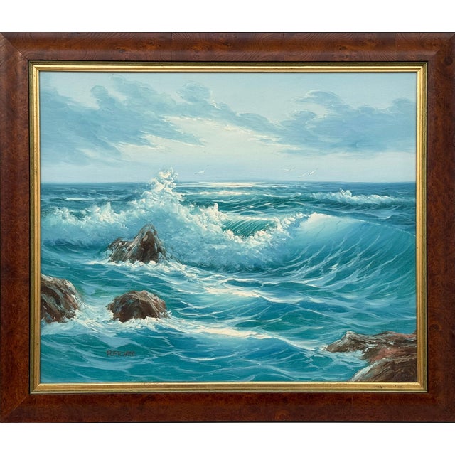 Seascape with Waves Breaking on Rocks - Oil on Canvas by 20th Century Artist 1985 Circa For Sale