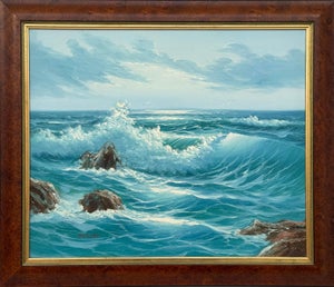 Seascape with Waves Breaking on Rocks - Oil on Canvas by 20th Century Artist 1985 Circa