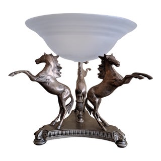 Late 20th Century Castilian Pewter Rearing Stallions With Glazed Glass Bowl For Sale