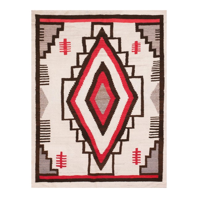 1930s White Diamond Tribal Antique American Navajo Rug 4'x 5' 4" Flatweave Wool Carpet For Sale