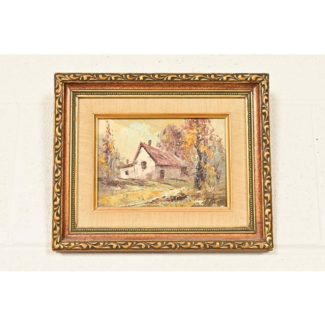 Original Artist Signed Impressionist Rural Landscape Oil on Canvas Painting of Cottage in Carved Giltwood Frame For Sale - Image 11 of 11