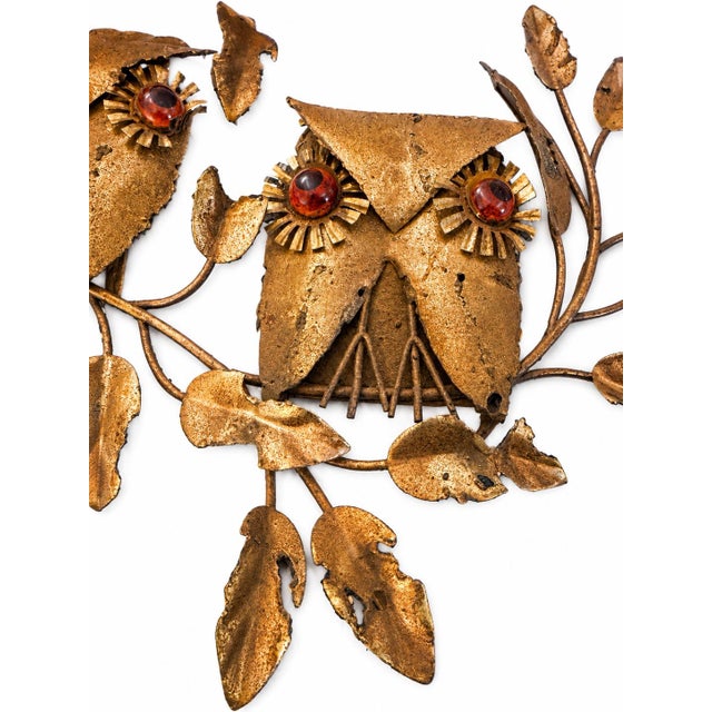 Mid-Century Modern Vintage Brutalist Owl Family Mixed Metal Wall Sculpture Amber Glass Eyes Mid-Century Modern For Sale - Image 3 of 5