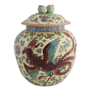 Lge Famille Rose Chinese Porcelain Ginger Jar W/ Dragon & Phoenix, Qing MCM For Sale