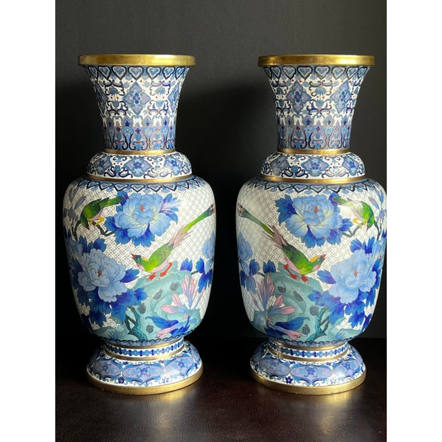 White Rare Pair of Large Chinese Ming Style Blue and White Cloisonné Vases For Sale - Image 8 of 12