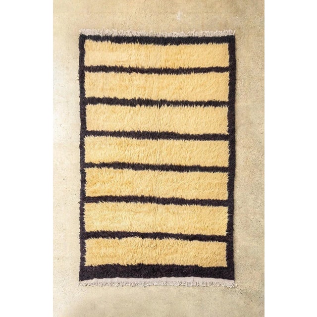 Vintage Handmade Turkish Tulu Beige and Brown Black Striped Wool Tribal Shag Floor Rug, 5’ X 8’ For Sale - Image 10 of 10