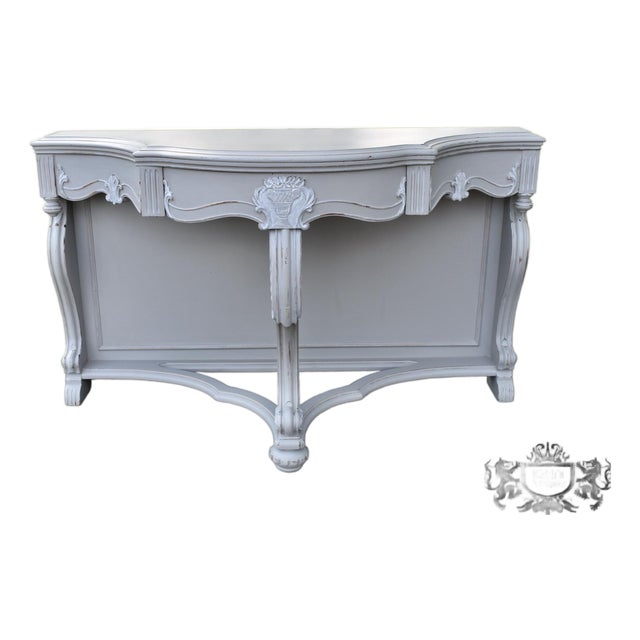 Antique Walnut Carved Hollywood Regency Style Console Table Painted Gray/Distres For Sale