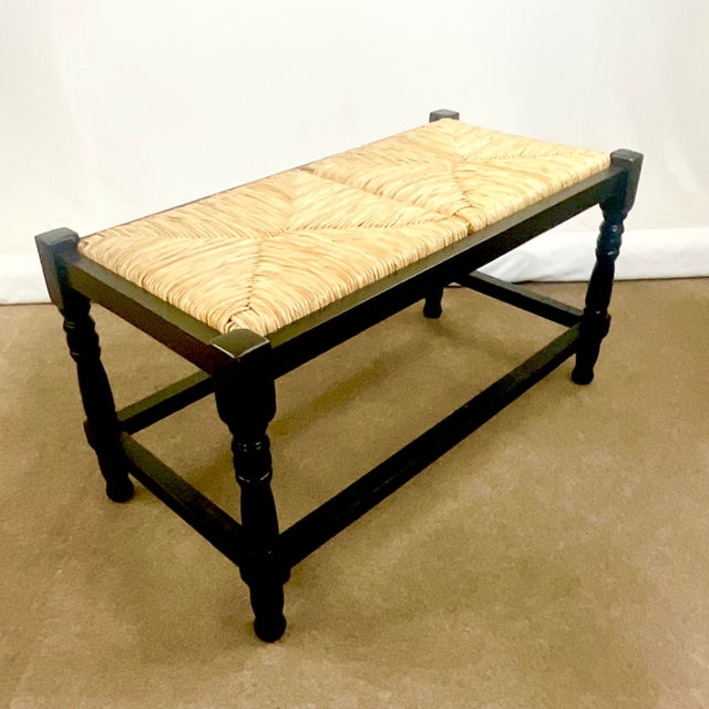 Late 20th Century Coastal Boho Chic Ebonized Wood Bench With Rush Seat. For Sale - Image 4 of 9