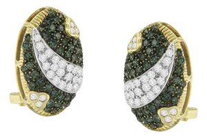 Black and White Rhodium over 14K Yellow Gold 2-1/10 Cttw White and Blue Diamond Oval Omega Back Stud